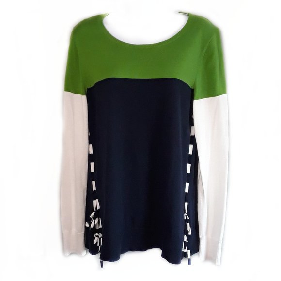 CROWN & IVY • Small green navy & white sweater scoop neck preppy colorblock - Picture 1 of 4